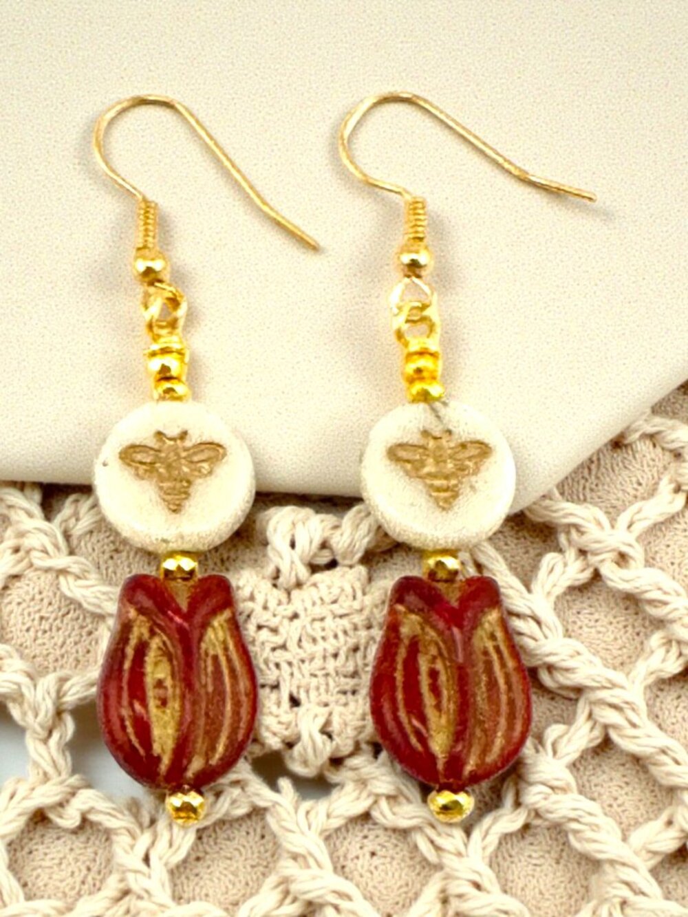 Czech Glass Bee Tulip Earrings Garnet Red Floral Dangle Cottagecore Boho - Picture 5 of 10